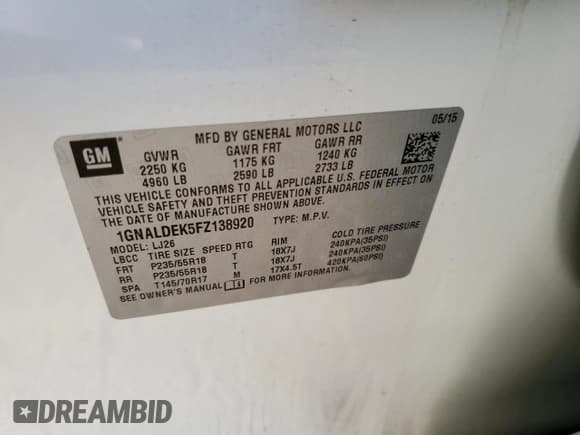 ✅ 2015 Chevrolet Equinox LTZ • VIN: 1GNALDEK5FZ138920 • Лот: 70004734. Опубликован ранее на Copart с пробегом 156 779 миль. Бесплатный доступ к архиву аукционных продаж из США и подробный отчёт об истории автомобиля на DreamBid. Изображение 13.