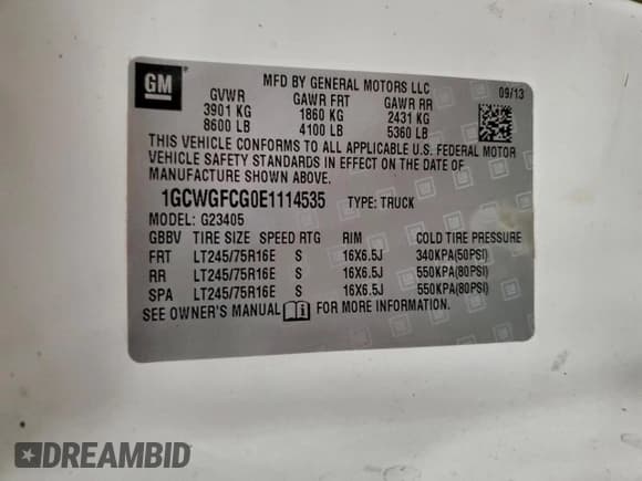 ✅ 2014 Chevrolet Express Cargo • VIN: 1GCWGFCG0E1114535 • Lot: 94756005. Listed on Copart with 343,899 mi. Free auction sales archive from the USA and detailed vehicle history report at DreamBid. Image 13.