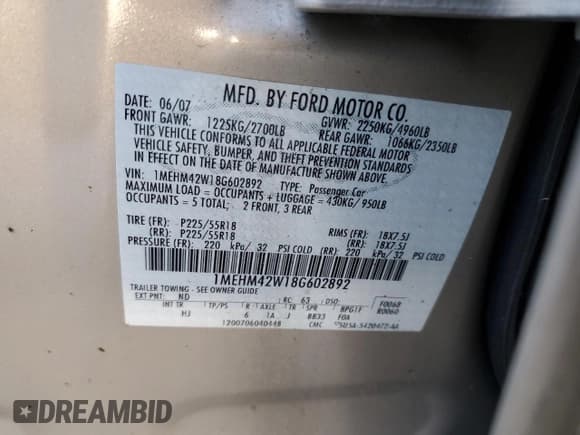 ✅ 2008 Mercury Sable Premier • VIN: 1MEHM42W18G602892 • Lot: 75121404. Wystawiony na Copart z przebiegiem 189 567 mil. Bezpłatny archiwum sprzedaży aukcyjnych z USA i szczegółowy raport historii pojazdu na DreamBid. Zdjęcie 12.