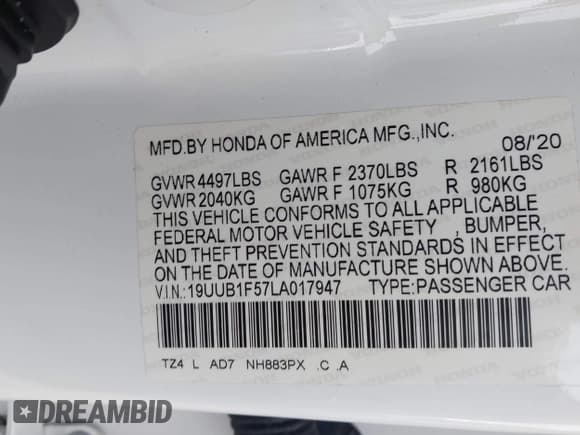 ✅ 2020 Acura TLX Technology • VIN: 19UUB1F57LA017947 • Lot: 43158313. Listed on IAAI with 58,578 mi. Free auction sales archive from the USA and detailed vehicle history report at DreamBid. Image 9.