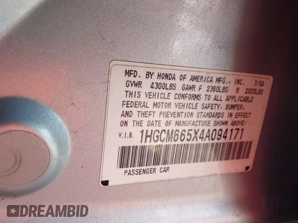 ✅ 2004 Honda Accord EX • VIN: 1HGCM665X4A094171 • Лот: 43692783. Опубликован ранее на IAAI с пробегом 155 788 миль. Бесплатный доступ к архиву аукционных продаж из США и подробный отчёт об истории автомобиля на DreamBid. Изображение 9.