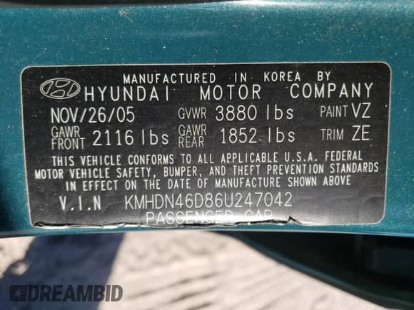 2006 Hyundai Elantra GLS с VIN KMHDN46D86U247042, выставлен на аукционе Copart как лот 78332614 с пробегом 49 482 миль миль и Чистый • Clean title. История ставок и продаж доступна на DreamBid. Изображение 12.