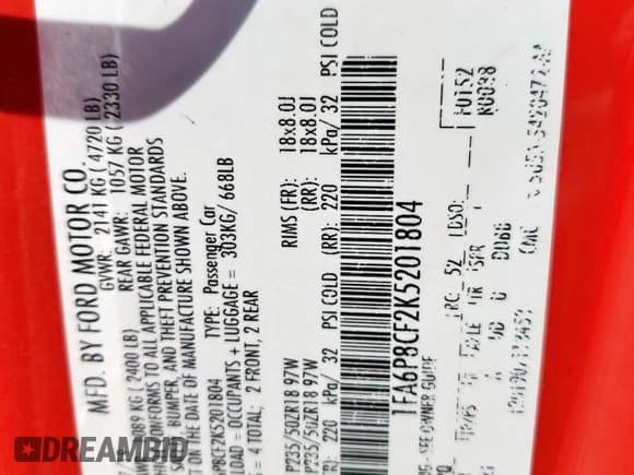 ✅ 2019 Ford Mustang GT • VIN: 1FA6P8CF2K5201804 • Lot: 68896585. Listed on Copart with 72,687 mi. Free auction sales archive from the USA and detailed vehicle history report at DreamBid. Image 12.