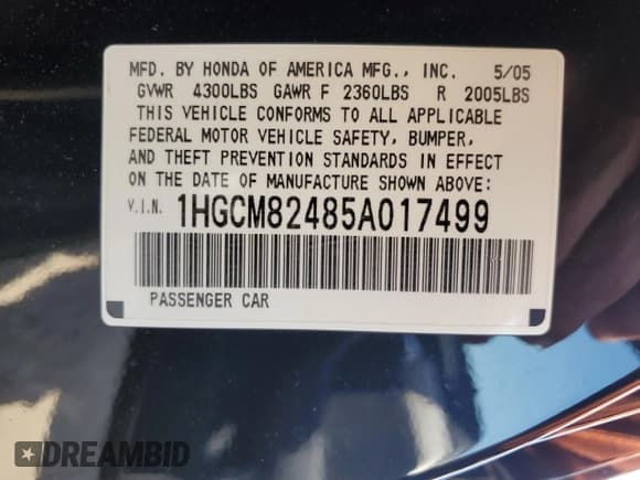 ✅ 2005 Honda Accord LX SE • VIN: 1HGCM82485A017499 • Lot: 48952225. Wystawiony na Copart z przebiegiem 149 806 mil. Bezpłatny archiwum sprzedaży aukcyjnych z USA i szczegółowy raport historii pojazdu na DreamBid. Zdjęcie 12.