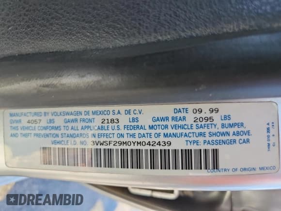 ✅ 2000 Volkswagen Jetta GLS • VIN: 3VWSF29M0YM042439 • Lot: 82137785. Listed on Copart with 269,359 mi. Free auction sales archive from the USA and detailed vehicle history report at DreamBid. Image 12.