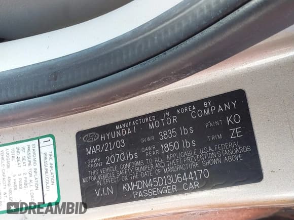 ✅ 2003 Hyundai Elantra GLS • VIN: KMHDN45D13U644170 • Lot: 41541744. Wystawiony na IAAI z przebiegiem 143 260 mil. Bezpłatny archiwum sprzedaży aukcyjnych z USA i szczegółowy raport historii pojazdu na DreamBid. Zdjęcie 9.