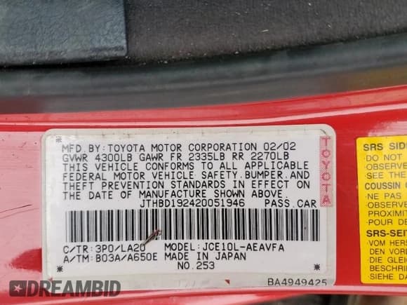✅ 2002 Lexus IS 300/350 • VIN: JTHBD192420051946 • Lot: 80160445. Wystawiony na Copart z przebiegiem 202 540 mil. Bezpłatny archiwum sprzedaży aukcyjnych z USA i szczegółowy raport historii pojazdu na DreamBid. Zdjęcie 13.