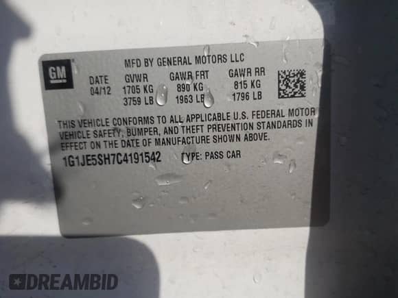 2012 Chevrolet Sonic LTZ with VIN 1G1JE5SH7C4191542, listed as a Copart auction lot 53477375 with 206,562 mi miles and Salvage title. Bid and sale history available at DreamBid. Image 12.