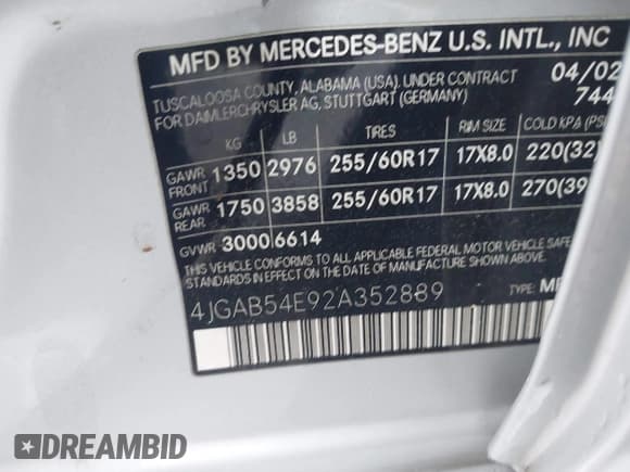✅ 2002 Mercedes-Benz M 320/430/500 • VIN: 4JGAB54E92A352889 • Lot: 41805001. Listed on IAAI with 174,758 mi. Free auction sales archive from the USA and detailed vehicle history report at DreamBid. Image 9.