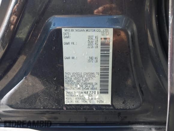 ✅ 2013 Nissan Altima SL • VIN: 1N4AL3AP3DN487203 • Lot: 43324832. Listed on IAAI with 120,392 mi. Free auction sales archive from the USA and detailed vehicle history report at DreamBid. Image 9.