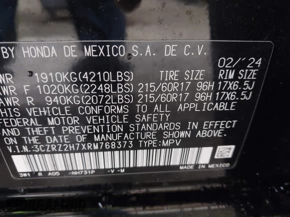 ✅ 2024 Honda HR-V EX-L • VIN: 3CZRZ2H7XRM768373 • Lot: 43304641. Listed on IAAI with 54,633 mi. Free auction sales archive from the USA and detailed vehicle history report at DreamBid. Image 9.