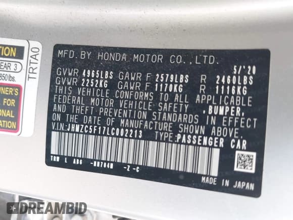 ✅ 2020 Honda Clarity • VIN: JHMZC5F17LC002213 • Lot: 42321140. Wystawiony na IAAI z przebiegiem 51 238 mil. Bezpłatny archiwum sprzedaży aukcyjnych z USA i szczegółowy raport historii pojazdu na DreamBid. Zdjęcie 9.