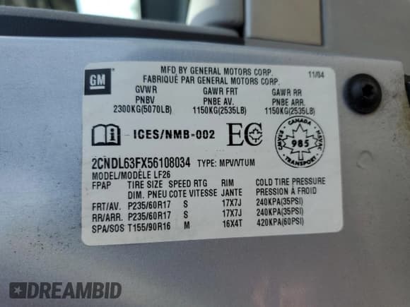 ✅ 2005 Chevrolet Equinox LT • VIN: 2CNDL63FX56108034 • Лот: 60676955. Опубликован ранее на Copart с пробегом 200 203 миль. Бесплатный доступ к архиву аукционных продаж из США и подробный отчёт об истории автомобиля на DreamBid. Изображение 13.