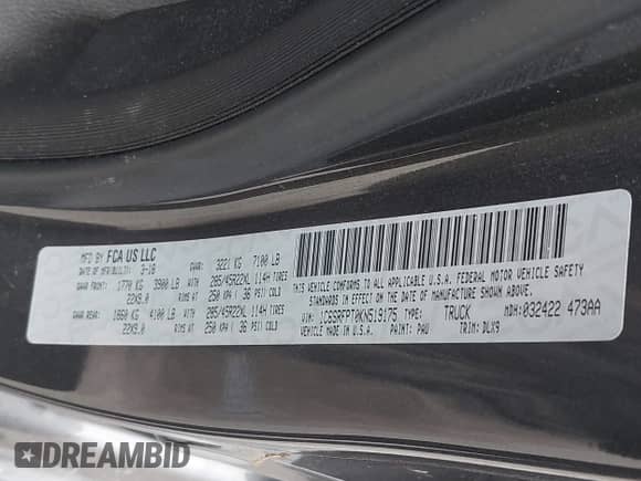 2019 Ram 1500 Limited z VIN 1C6SRFPT0KN519175, wystawiony jako IAAI lot #42545851 z przebiegiem 84 280 mil mil oraz . Historia ofert i sprzedaży dostępna na DreamBid. Obrazek 9.