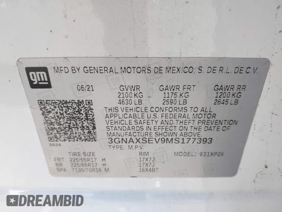 ✅ 2021 Chevrolet Equinox LS • VIN: 3GNAXSEV9MS177393 • Lot: 43393944. Listed on IAAI with 65,872 mi. Free auction sales archive from the USA and detailed vehicle history report at DreamBid. Image 9.