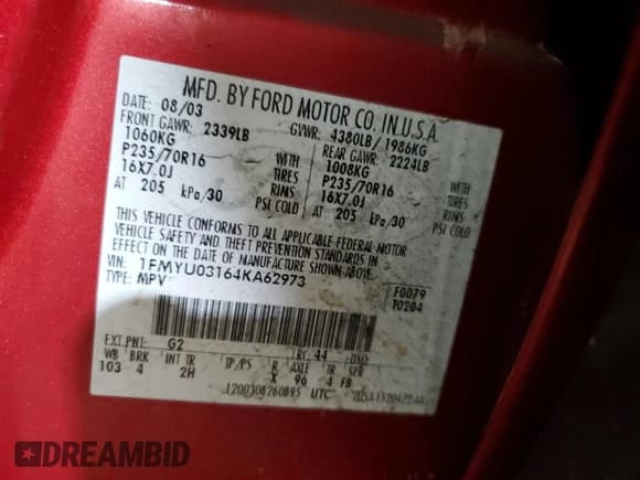 ✅ 2004 Ford Escape XLT • VIN: 1FMYU03164KA62973 • Lot: 57392315. Listed on Copart with 90,229 mi. Free auction sales archive from the USA and detailed vehicle history report at DreamBid. Image 14.