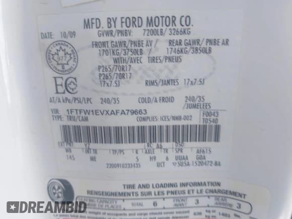 ✅ 2010 Ford F-150 XL • VIN: 1FTFW1EVXAFA79663 • Lot: 43407673. Listed on IAAI with 221,069 mi. Free auction sales archive from the USA and detailed vehicle history report at DreamBid. Image 9.