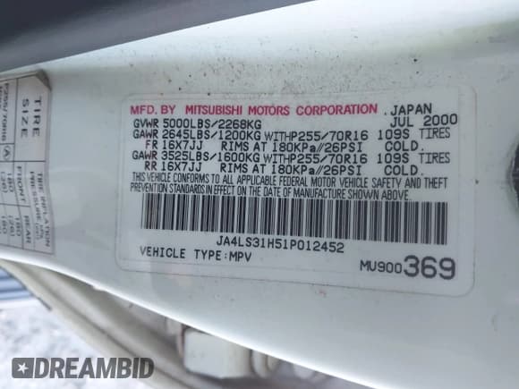 ✅ 2001 Mitsubishi Montero Sport XLS • VIN: JA4LS31H51P012452 • Lot: 43651182. Wystawiony na IAAI z przebiegiem 179 024 mil. Bezpłatny archiwum sprzedaży aukcyjnych z USA i szczegółowy raport historii pojazdu na DreamBid. Zdjęcie 9.