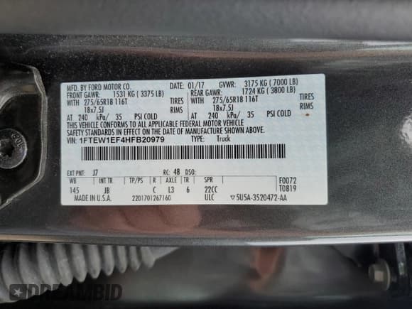 ✅ 2017 Ford F-150 XL • VIN: 1FTEW1EF4HFB20979 • Lot: 58726265. Listed on Copart with 100,671 mi. Free auction sales archive from the USA and detailed vehicle history report at DreamBid. Image 12.