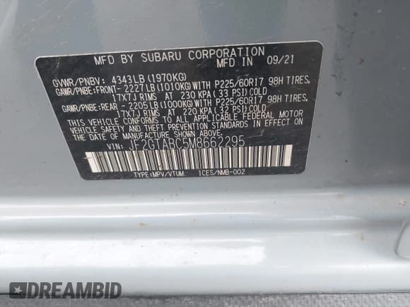 ✅ 2021 Subaru Crosstrek • VIN: JF2GTABC5M8662295 • Lot: 42286144. Listed on IAAI with 116,323 mi. Free auction sales archive from the USA and detailed vehicle history report at DreamBid. Image 9.