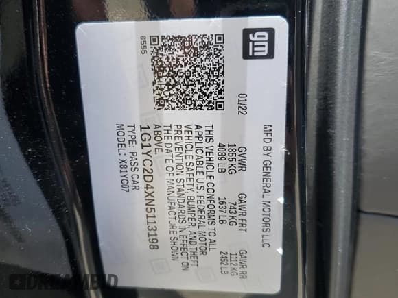 ✅ 2022 Chevrolet Corvette 3LT • VIN: 1G1YC2D4XN5113198 • Lot: 52995895. Listed on Copart with 36,380 mi. Free auction sales archive from the USA and detailed vehicle history report at DreamBid. Image 12.