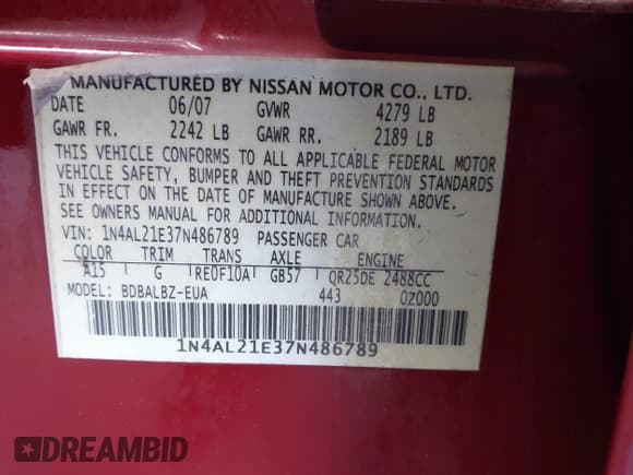 ✅ 2007 Nissan Altima S • VIN: 1N4AL21E37N486789 • Lot: 43587837. Listed on IAAI with 111,098 mi. Free auction sales archive from the USA and detailed vehicle history report at DreamBid. Image 9.