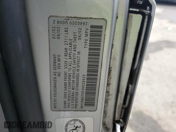 ✅ 2003 Volkswagen EuroVan MV • VIN: WV2NB47053H028929 • Lot: 86028064. Wystawiony na Copart z przebiegiem 98 622 mil. Bezpłatny archiwum sprzedaży aukcyjnych z USA i szczegółowy raport historii pojazdu na DreamBid. Zdjęcie 13.