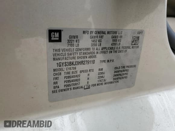 ✅ 2017 Cadillac Escalade Luxury • VIN: 1GYS3BKJ3HR279110 • Lot: 90097715. Listed on Copart with 120,292 mi. Free auction sales archive from the USA and detailed vehicle history report at DreamBid. Image 13.