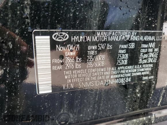 ✅ 2022 Hyundai Santa Fe SE • VIN: 5NMS1DAJ3NH408584 • Lot: 80369965. Wystawiony na Copart z przebiegiem 44 521 mil. Bezpłatny archiwum sprzedaży aukcyjnych z USA i szczegółowy raport historii pojazdu na DreamBid. Zdjęcie 12.