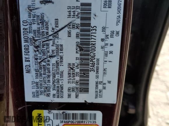 ✅ 2013 Ford Fusion S • VIN: 3FA6P0G70DR177135 • Lot: 84877545. Wystawiony na Copart z przebiegiem 184 457 mil. Bezpłatny archiwum sprzedaży aukcyjnych z USA i szczegółowy raport historii pojazdu na DreamBid. Zdjęcie 12.