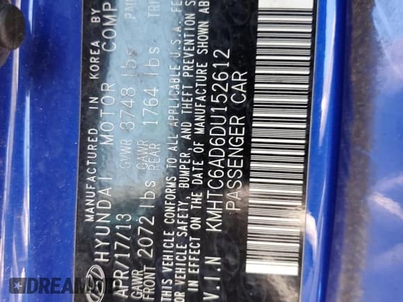 ✅ 2013 Hyundai Veloster w/Gray Int • VIN: KMHTC6AD6DU152612 • Lot: 59293724. Wystawiony na Copart z przebiegiem 122 529 mil. Bezpłatny archiwum sprzedaży aukcyjnych z USA i szczegółowy raport historii pojazdu na DreamBid. Zdjęcie 12.