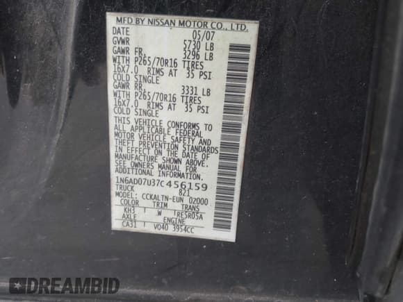 ✅ 2007 Nissan Frontier SE • VIN: 1N6AD07U37C456159 • Lot: 43591063. Listed on IAAI with 226,499 mi. Free auction sales archive from the USA and detailed vehicle history report at DreamBid. Image 9.