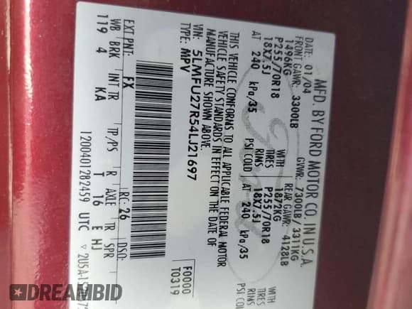 ✅ 2004 Lincoln Navigator Luxury • VIN: 5LMFU27R54LJ21697 • Lot: 71861655. Listed on Copart with 265,430 mi. Free auction sales archive from the USA and detailed vehicle history report at DreamBid. Image 13.