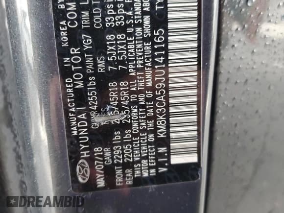 ✅ 2018 Hyundai Kona Limited • VIN: KM8K3CA59JU141165 • Lot: 45718944. Listed on Copart with 39,290 mi. Free auction sales archive from the USA and detailed vehicle history report at DreamBid. Image 13.