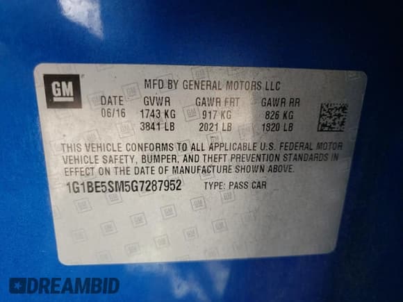 ✅ 2016 Chevrolet Cruze LT • VIN: 1G1BE5SM5G7287952 • Lot: 42188013. Listed on Copart with 100,589 mi. Free auction sales archive from the USA and detailed vehicle history report at DreamBid. Image 12.