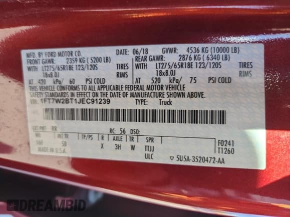 ✅ 2018 Ford F-250 XL • VIN: 1FT7W2BT1JEC91239 • Lot: 80390065. Listed on Copart with 156,576 mi. Free auction sales archive from the USA and detailed vehicle history report at DreamBid. Image 13.