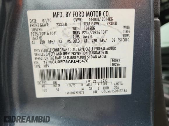 ✅ 2010 Ford Escape Limited • VIN: 1FMCU0E75AKD45470 • Lot: 70743285. Listed on Copart with 155,906 mi. Free auction sales archive from the USA and detailed vehicle history report at DreamBid. Image 13.