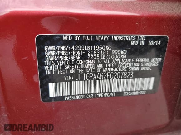 ✅ 2015 Subaru Impreza 2.0i • VIN: JF1GPAA62FG207823 • Lot: 71266785. Wystawiony na Copart z przebiegiem 84 465 mil. Bezpłatny archiwum sprzedaży aukcyjnych z USA i szczegółowy raport historii pojazdu na DreamBid. Zdjęcie 12.