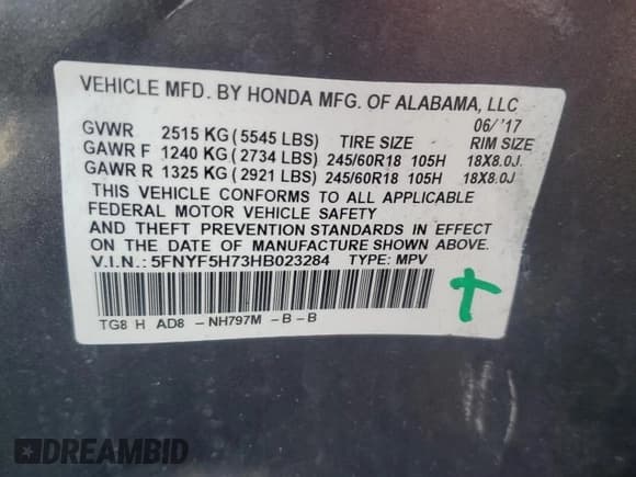 ✅ 2017 Honda Pilot EX-L • VIN: 5FNYF5H73HB023284 • Lot: 72001945. Listed on Copart with 201,850 mi. Free auction sales archive from the USA and detailed vehicle history report at DreamBid. Image 13.