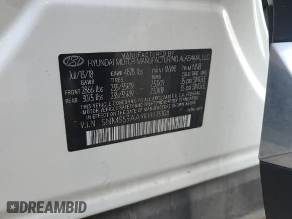 ✅ 2019 Hyundai Santa Fe Limited • VIN: 5NMS53AA9KH013108 • Lot: 67575975. Wystawiony na Copart z przebiegiem 38 397 mil. Bezpłatny archiwum sprzedaży aukcyjnych z USA i szczegółowy raport historii pojazdu na DreamBid. Zdjęcie 13.