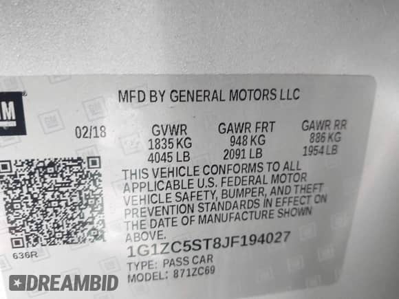 2018 Chevrolet Malibu LS z VIN 1G1ZC5ST8JF194027, wystawiony jako IAAI lot #41209623 z przebiegiem 112 940 mil mil oraz . Historia ofert i sprzedaży dostępna na DreamBid. Obrazek 9.