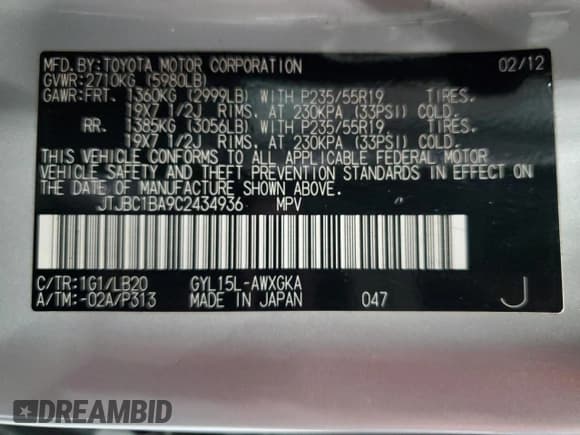 ✅ 2012 Lexus RX 450h • VIN: JTJBC1BA9C2434936 • Lot: 93906655. Listed on Copart with 211,462 mi. Free auction sales archive from the USA and detailed vehicle history report at DreamBid. Image 13.