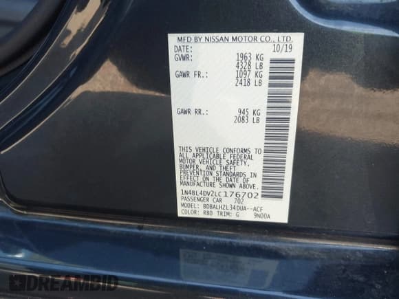 ✅ 2020 Nissan Altima SV • VIN: 1N4BL4DV2LC176702 • Lot: 43530207. Listed on IAAI with 74,992 mi. Free auction sales archive from the USA and detailed vehicle history report at DreamBid. Image 9.