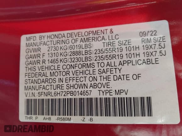 ✅ 2023 Honda Odyssey Sport • VIN: 5FNRL6H72PB014657 • Lot: 43478027. Wystawiony na IAAI z przebiegiem 20 504 mil. Bezpłatny archiwum sprzedaży aukcyjnych z USA i szczegółowy raport historii pojazdu na DreamBid. Zdjęcie 9.