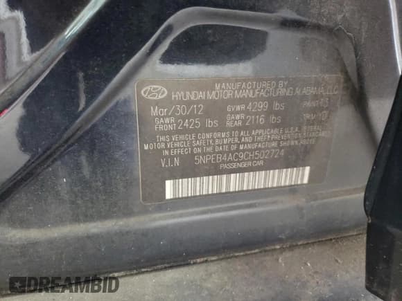 ✅ 2012 Hyundai Sonata GLS • VIN: 5NPEB4AC9CH502724 • Lot: 71928054. Listed on Copart with 117,733 mi. Free auction sales archive from the USA and detailed vehicle history report at DreamBid. Image 13.