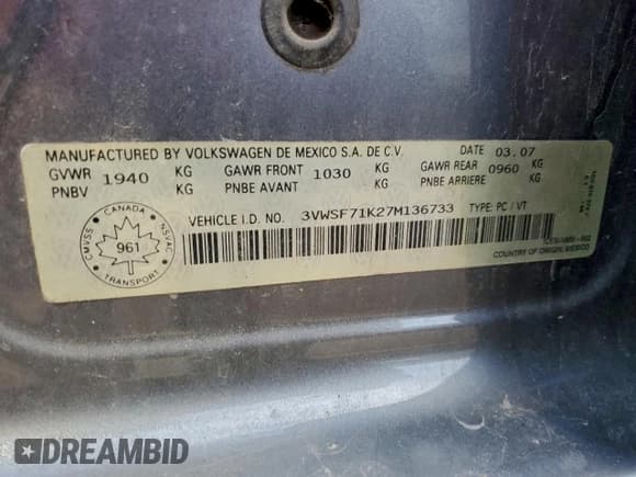 ✅ 2007 Volkswagen Jetta 2.5 • VIN: 3VWSF71K27M136733 • Lot: 93822515. Listed on Copart with 186,517 mi. Free auction sales archive from the USA and detailed vehicle history report at DreamBid. Image 12.