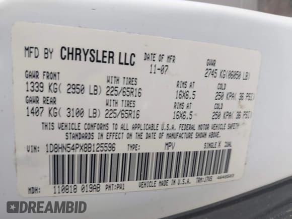 ✅ 2008 Dodge Grand Caravan SXT • VIN: 1D8HN54PX8B125596 • Lot: 43754059. Listed on IAAI with 124,926 mi. Free auction sales archive from the USA and detailed vehicle history report at DreamBid. Image 9.