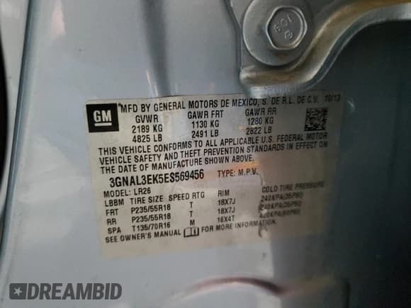✅ 2014 Chevrolet Captiva Sport LT • VIN: 3GNAL3EK5ES569456 • Lot: 55182005. Wystawiony na Copart z przebiegiem 112 678 mil. Bezpłatny archiwum sprzedaży aukcyjnych z USA i szczegółowy raport historii pojazdu na DreamBid. Zdjęcie 13.
