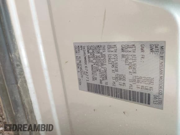 ✅ 2013 Nissan Pathfinder SV • VIN: 5N1AR2MM8DC674271 • Лот: 42934559. Опубликован ранее на IAAI с пробегом 192 214 миль. Бесплатный доступ к архиву аукционных продаж из США и подробный отчёт об истории автомобиля на DreamBid. Изображение 9.