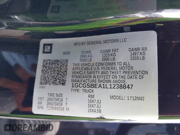 2020 Chevrolet Colorado 2WD Work Truck with VIN 1GCGSBEA1L1238847, listed as a IAAI auction lot 43325181 with 82,920 mi miles and . Bid and sale history available at DreamBid. Image 9.